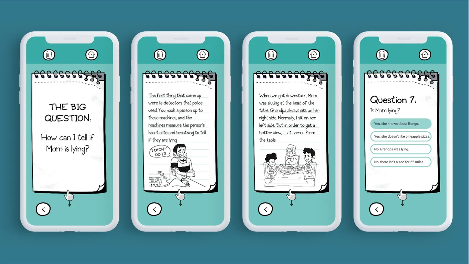 Four Wonder.io phone screens: a big opening question, two short pages of story text, and a multiple-choice question