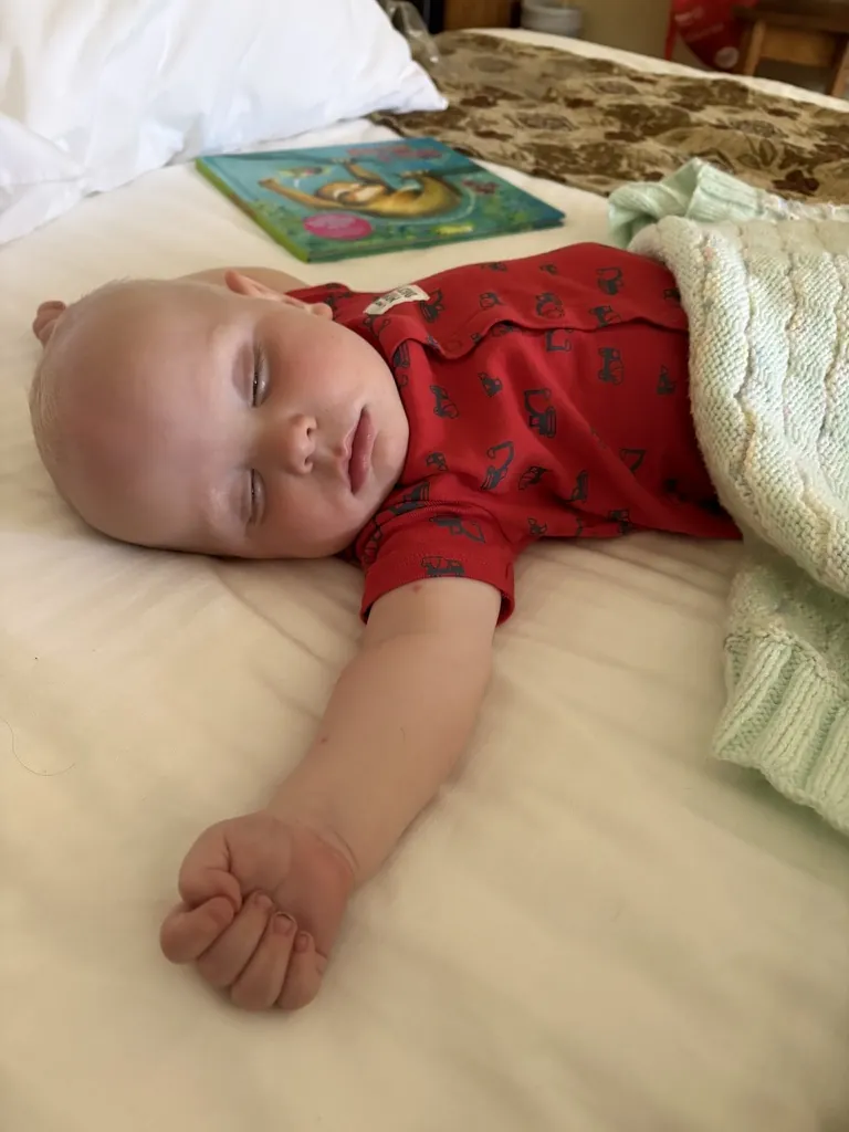Leo, a baby in a red onesie, asleep on a bed beside a picture book